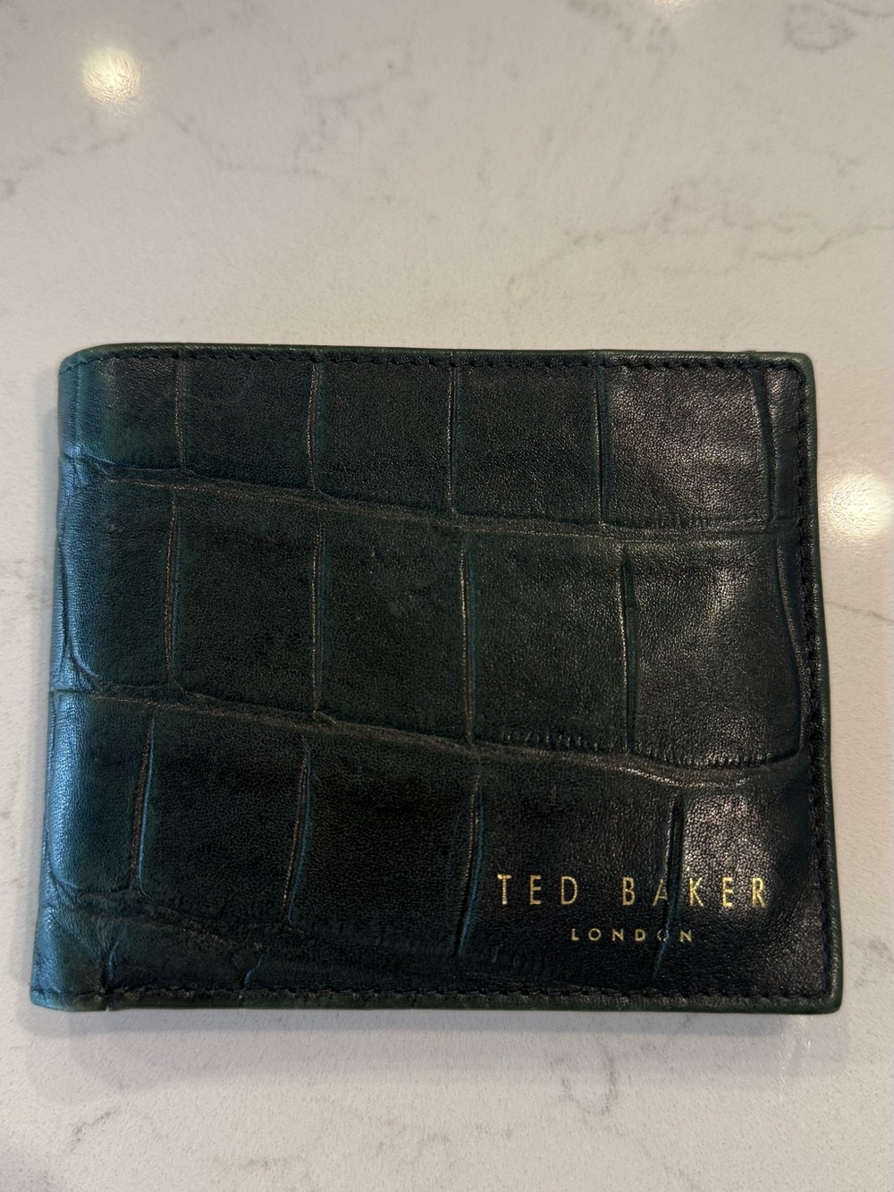 Ted Baker Dark Green Croc-Embossed Bifold Wallet with Gold Logo